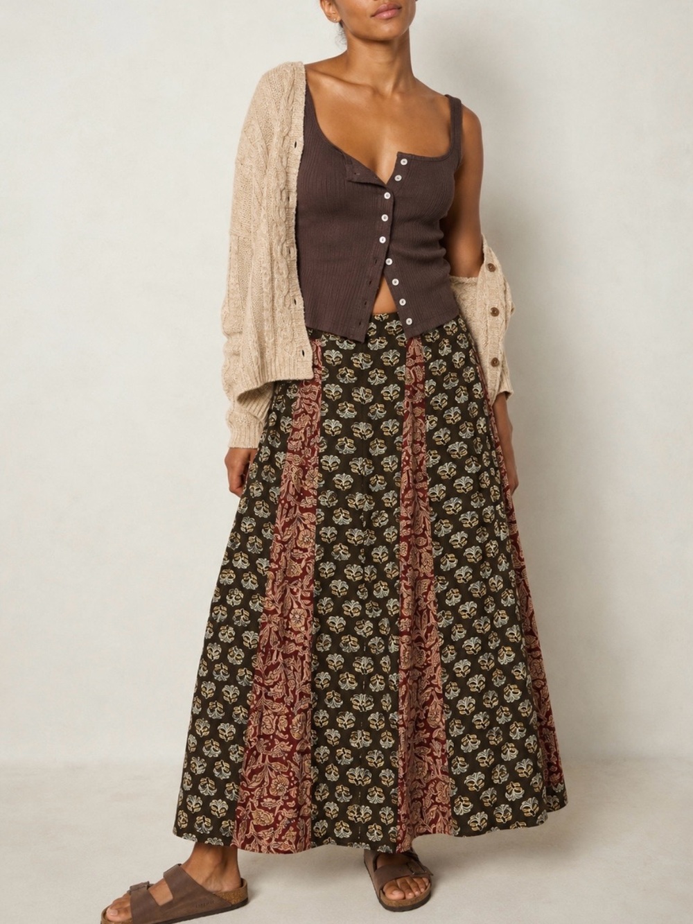 Natural Life Size L Patchwork Floral Maxi Skirt Boho Viscose Fall Earth Tones